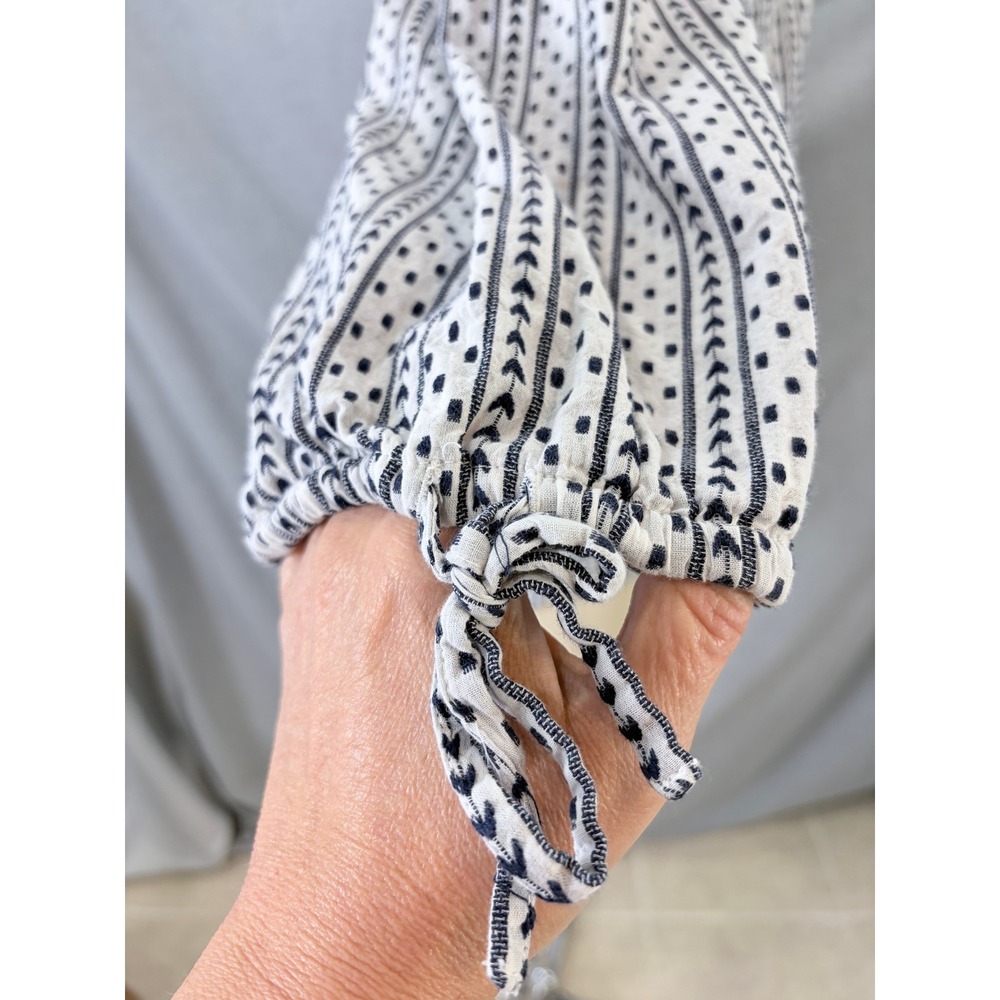Garnet Hill Organic Cotton Button Front Blouse Navy White Print Tie Sleeve L - Picture 6 of 10